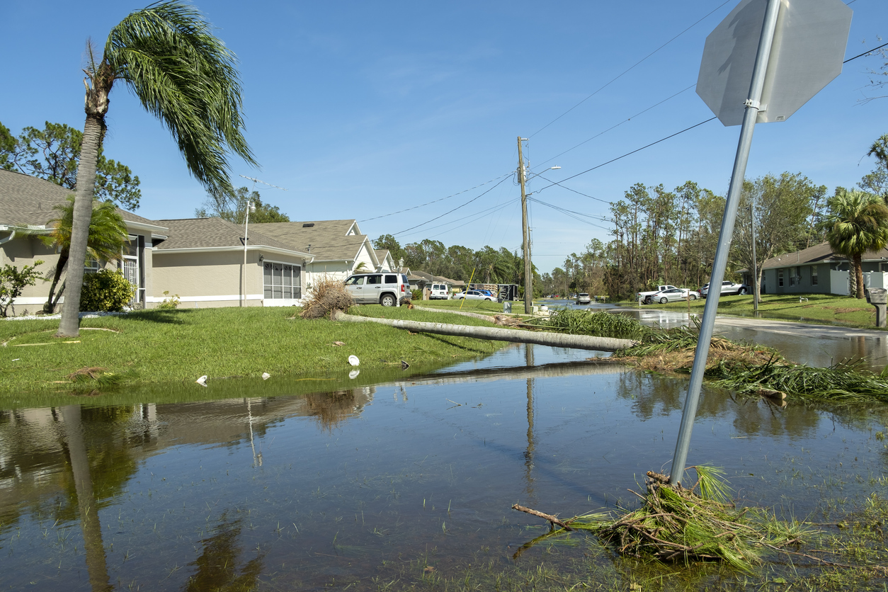 Flooded road in Florida after heavy hurricane rainfall.